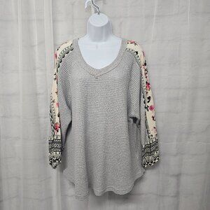 Alchemy Thread Gray Thermal Mixed Media Blouse Floral Boho XL
